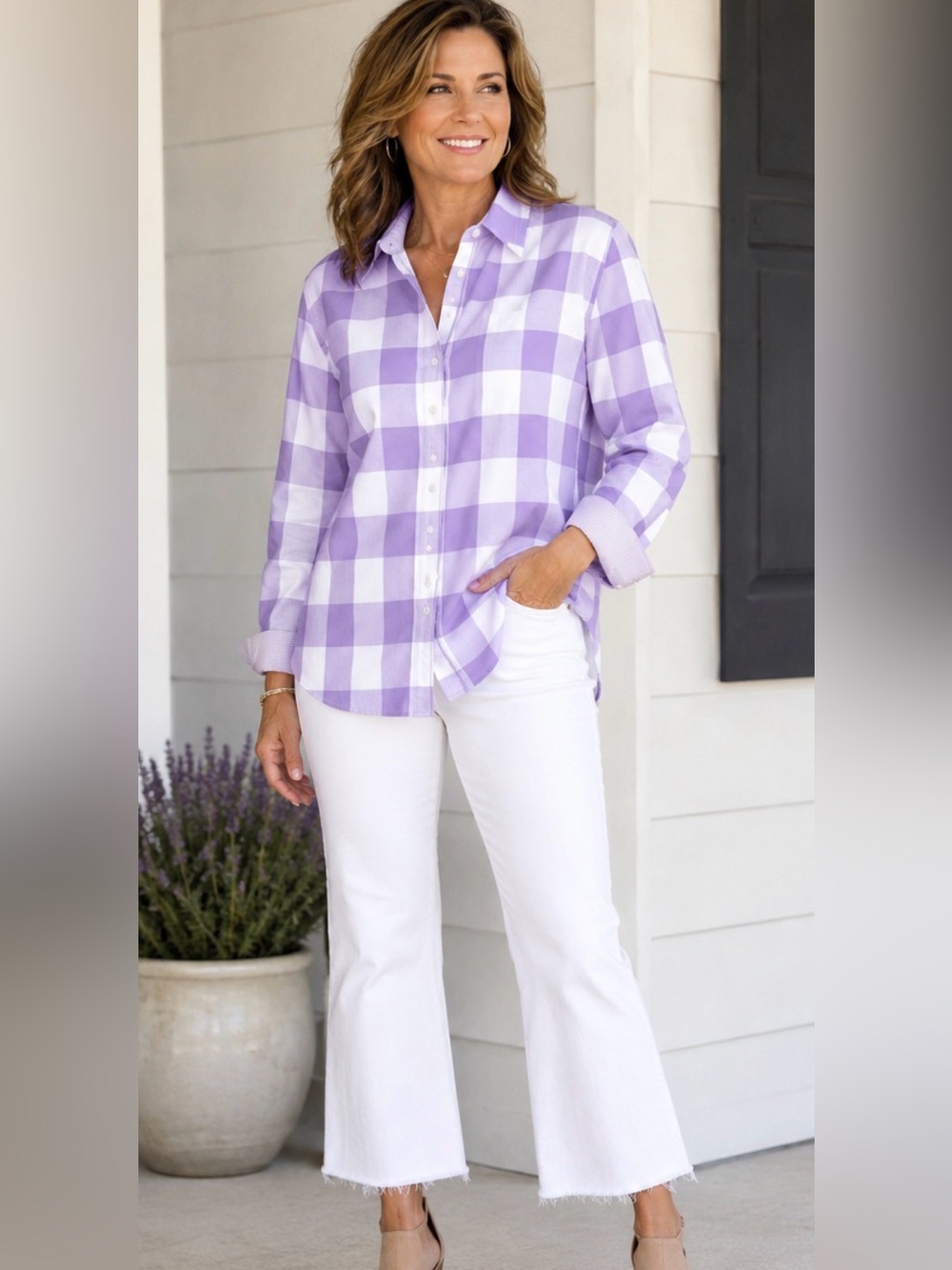 Chaps NO IRON 100% Cotton Button Up Shirt 3/4 Sleeve Purple White Womens Sz 1X